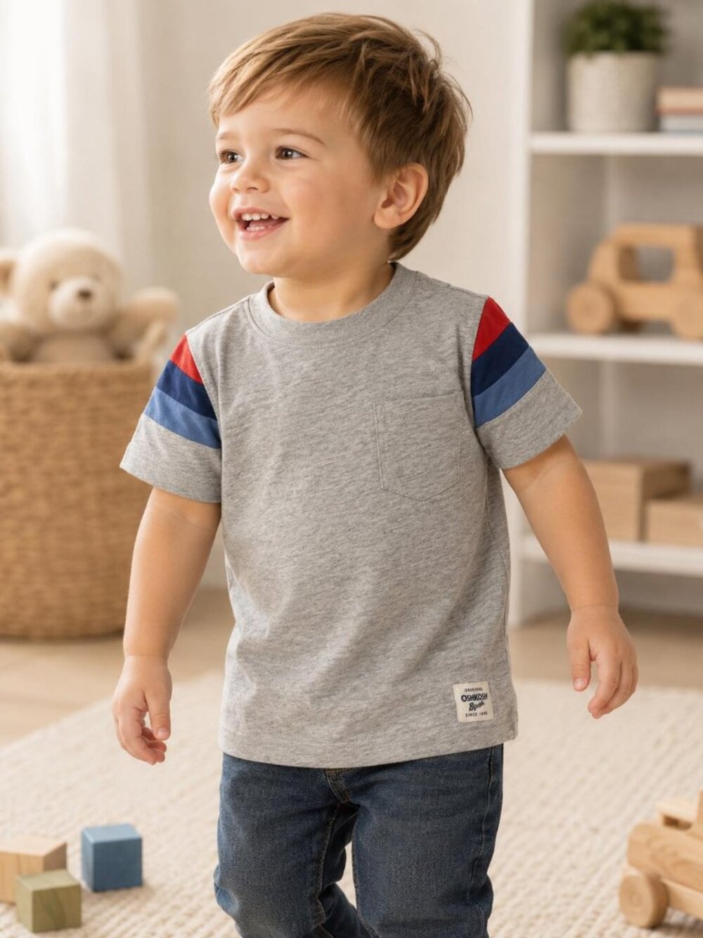 OshKosh B’gosh Short Sleeve Shirt • 5T • Gray Striped Sleeve Tee • NWT